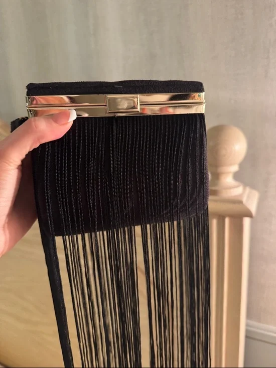 Black Fringe Evening Bag with Gold Accent - Picture 2 of 6